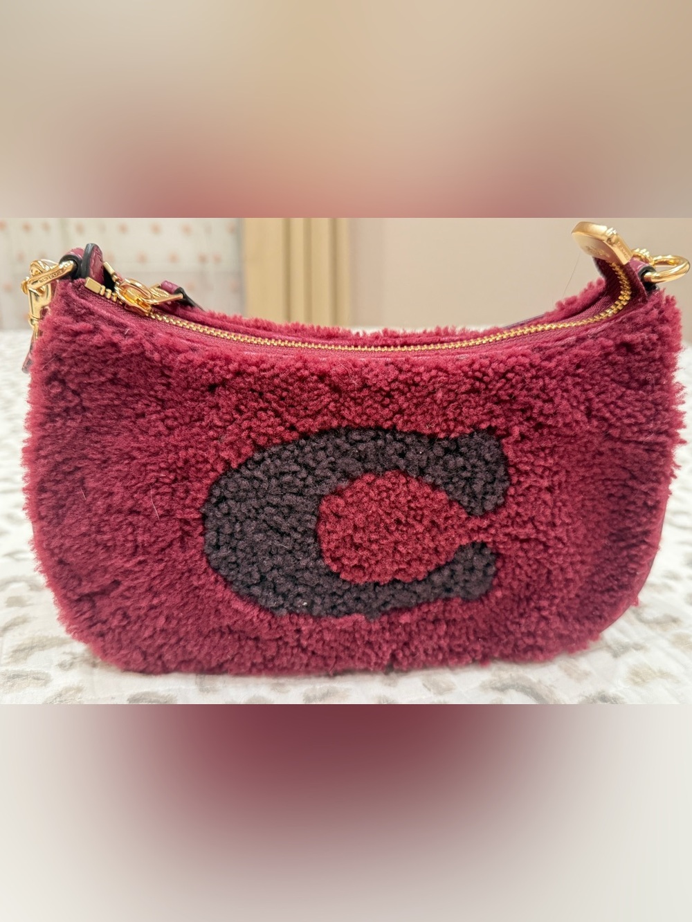 Coach Maroon Sherpa Crossbody Bag with Gold Hardware